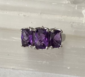 Amethyst Three Stone Sterling Silver Butterfly Pronged Size 5.75 Ring 3.7g