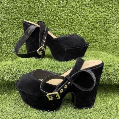 New Look schwarze Wildleder Plateau High Heels Riemchen Peeptoe Courts Block Gr UK 6