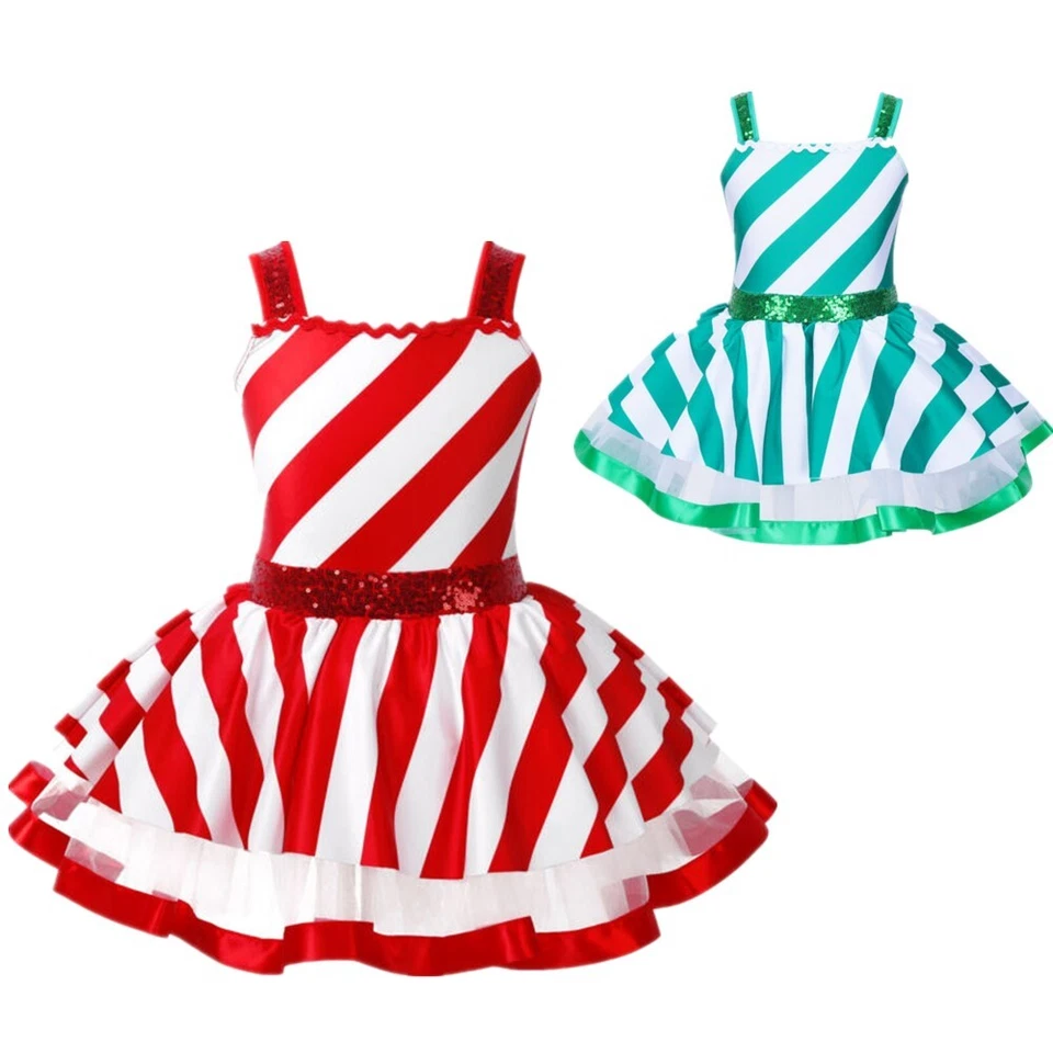Niños Niñas Fiesta de Navidad Tutú Vestido Bastón de Caramelo Rayas Lentejuelas Leotardo Vestido Foto 2 de 4
