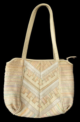 Vtg 80s Shoulder Bag Chevron Patchwork Leather Granny Chic Cream Boho Festival