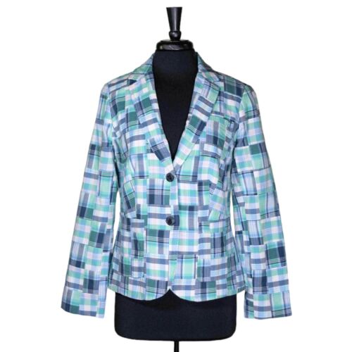 Talbot's Womens Blazer Green Blue Plaid Check Two Button Lined Suit Jacket 8 NWT - Picture 1 of 10