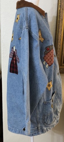 VTG Sun Belt Denim Jean Barn Jacket Angels Stars Appliqué Women’s Size L 90’s - Picture 12 of 15