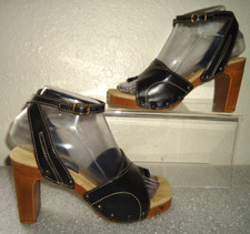Vtg-80-90s Fioni Women's Tan Wood Chunky Heels Black Sandals Leather Siz-6/36