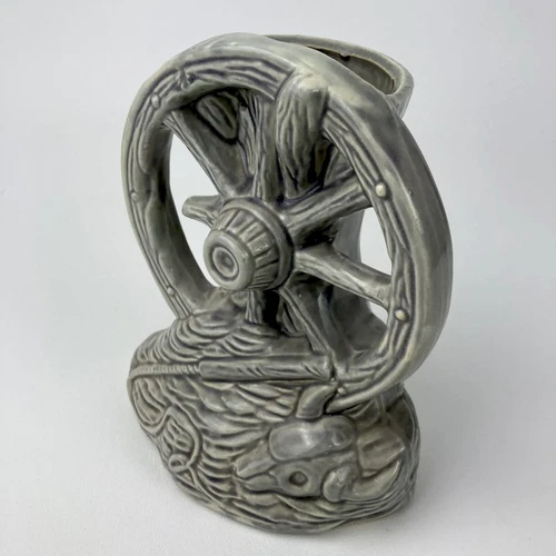 McCoy Wagon Wheel Vase Gray Glazed Western Vintage Ceramic Planter Cow Skull