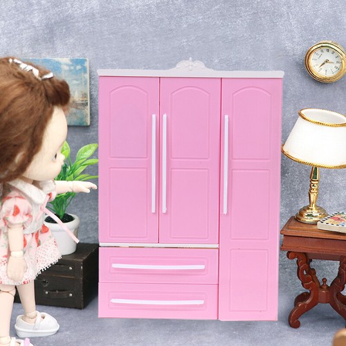 Three-door Pink Modern Wardrobe for Dolls Furniture Clothes Accessories To G  ZX - Picture 1 of 12