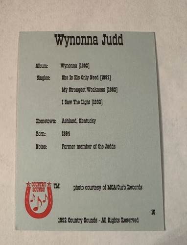 WYNONNA JUDD 1992 Country Sounds Karte Sammlerartikel TOP neu alter Lagerbestand - Bild 2 von 3