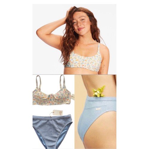 Billabong Bikini Set Sz L Ditsy Dreamin Top and Down With Denim High Maui Bottom - Picture 2 of 23