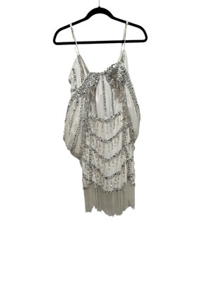 ASOS LUXE Cami Mini Gem Embellished Corsetted Dress Draped Shoulder White 18 NWT