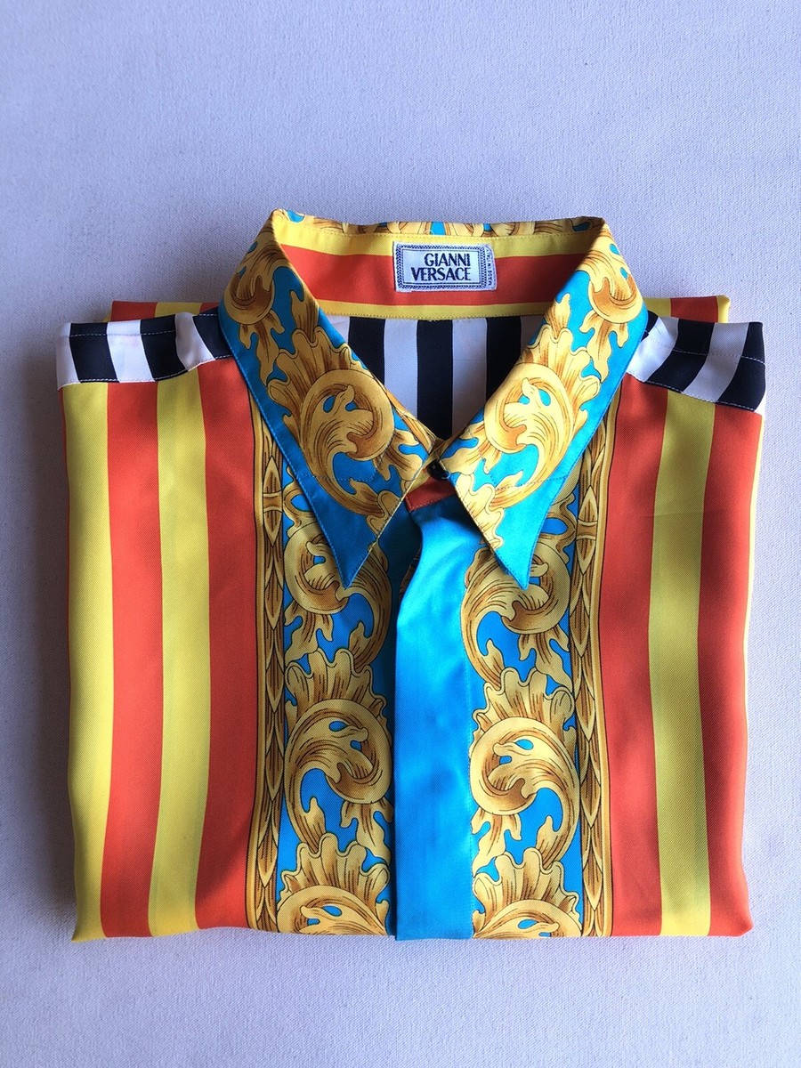 Authentic Gianni Versace 1990's Silk Stripe Barroco Shirt Mens Authentic Gianni Versace 1990's Silk Stripe Barroco Shirt Mens