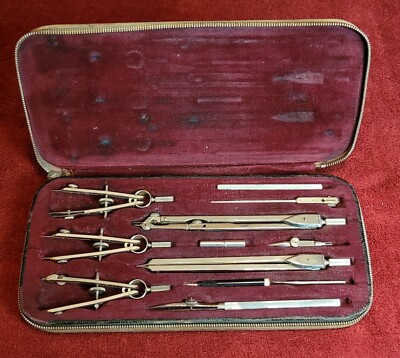 Vintage Zeichenset im Koffer Kompass Winkelmesser Messwerkzeug