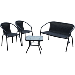 Black Rattan Wicker Patio Set Chairs Bench Glass Table ...