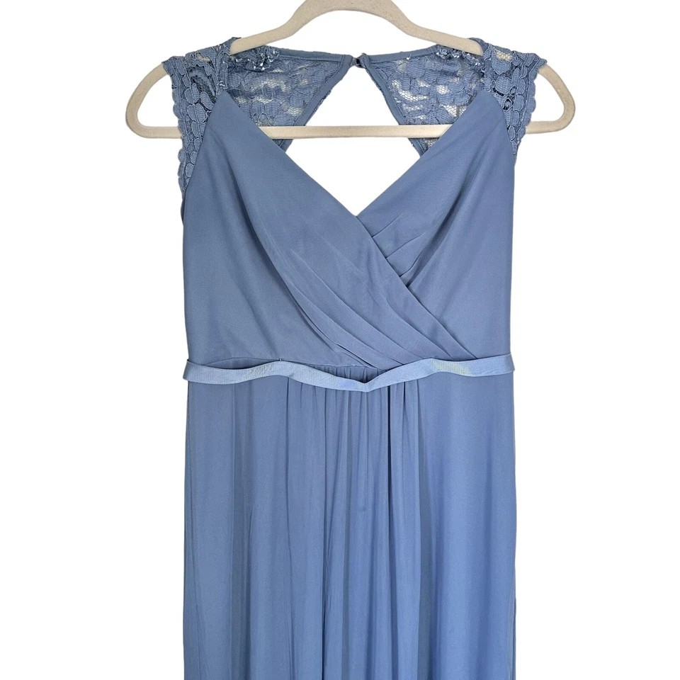 David’s Bridal Women Sz 6 Blue Long Chiffon Lace Cap Sleeves Bridesmaid Formal - Image 2 of 4
