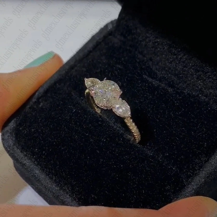 1.65Ctw Round & Pear Moissanite 3-Stones Engagement Ring Solid 14K Two-Tone Gold - Image 4 of 4