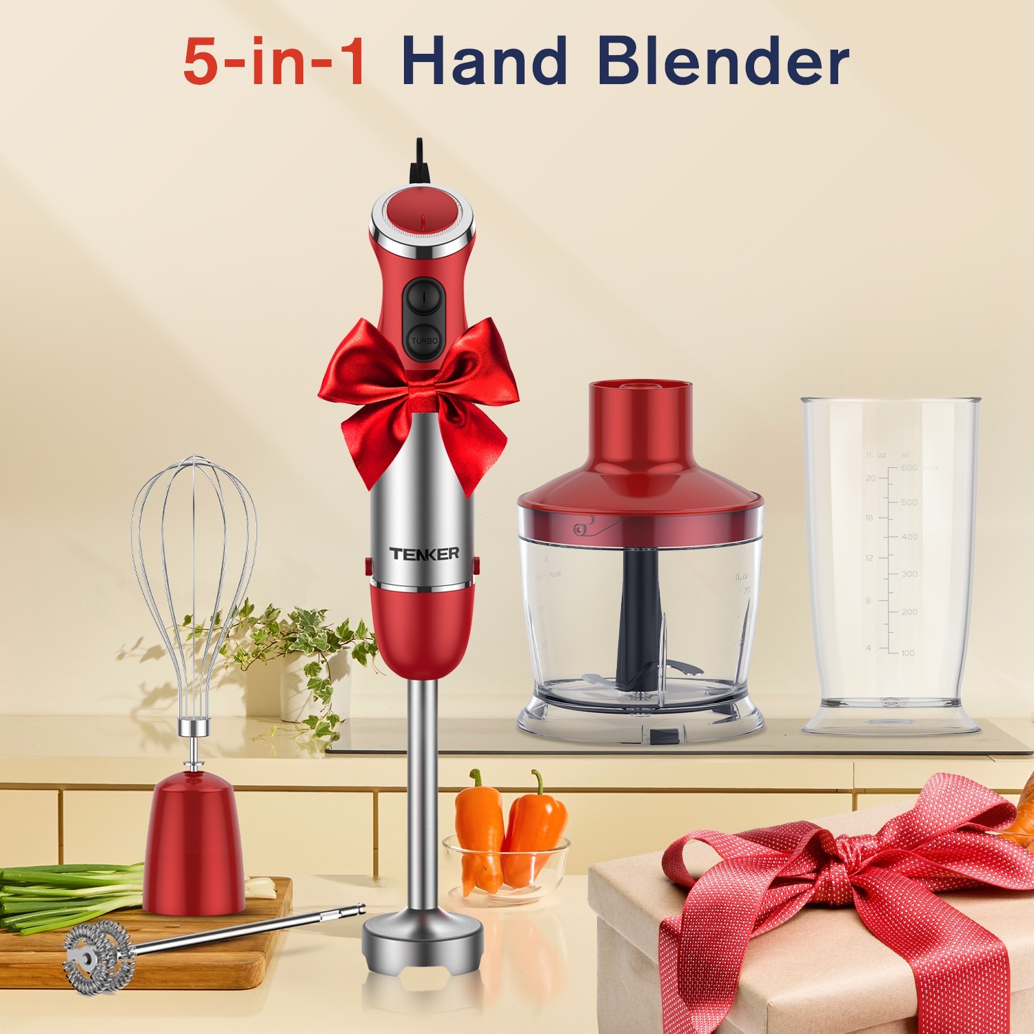 TENKER 1100W Hand Immersion Blender 5-in-1 Variable Speed Whisk Chopper Electric