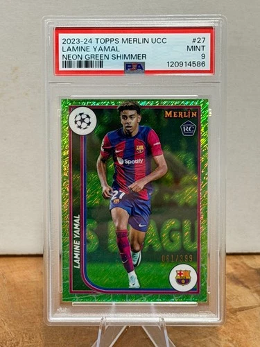 2023-24 Topps Merlin UCC Lamine Yamal #27 Neon Green Shimmer /399 PSA 9