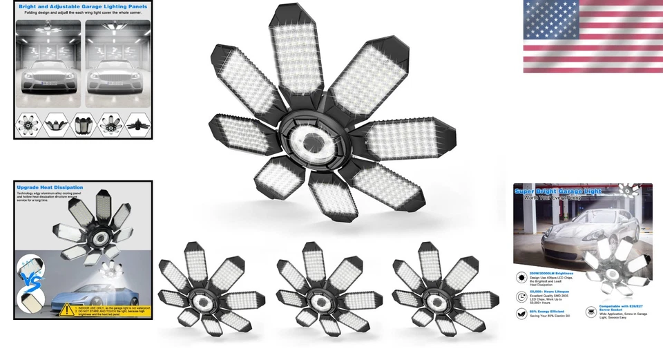 Ultra Bright 200W Deformable LED Ceiling Lights - 8 Adjustable Panels, 4 Pack - Image 2 of 4