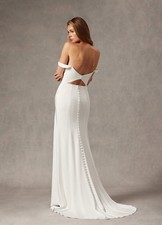 White Off Shoulder Column Wedding Dress Square Neck Train Buttons