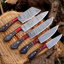 Hand-Forged Damascus Steel Chef Set: Red Pakka Wood Handle, 5pcs Kitchen Knife