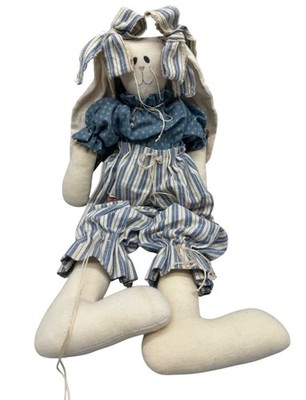 Handmade Fabric Bunny Doll Blue Polka Dot Top & Striped Pants Easter 19'' READ