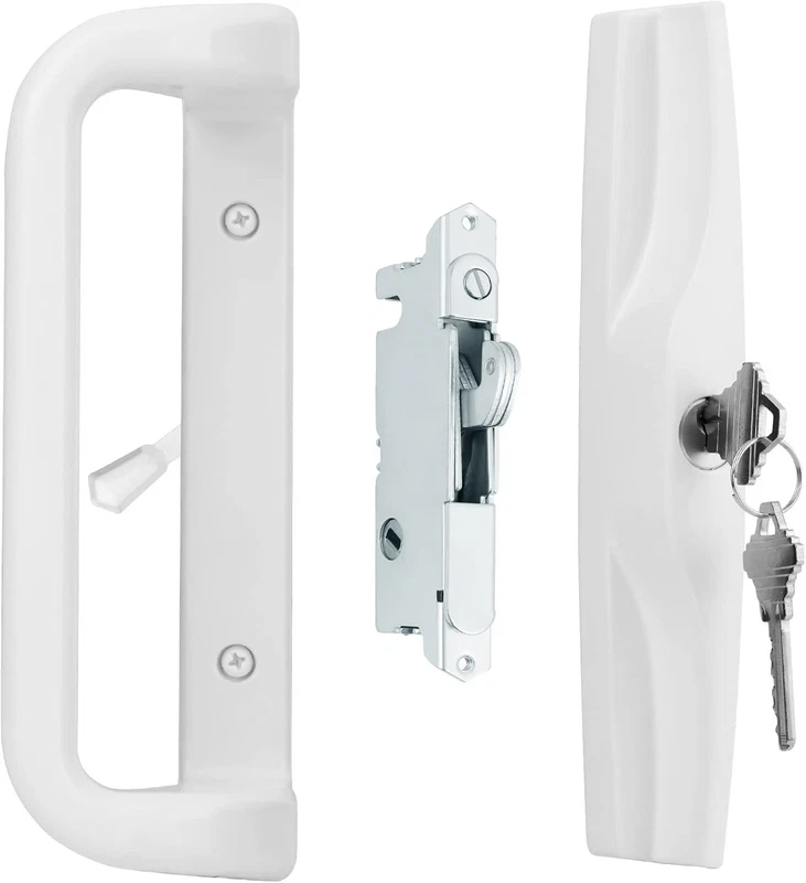 White Patio Sliding Door Handle w/ Lock Cylinder for 3 15/16" Hole Spacing