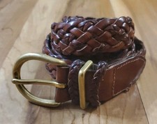 Talbots Womens Belt Sz S Genuine Leather Braided Woven Solid Brass Brown Boho