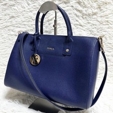 FURLA Leather Navy 2-Way Shoulder Bag with Gold Logo, Excellent Condition Japan