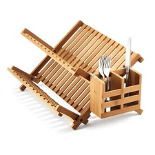 Bamboo Dish Drying Rack Kitchen Drainer Folding Plate Holder with Cutlery Basket