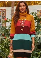 Farm Rio anthropology striped sweater dress turtleneck multicolor Small