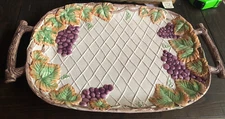 Takahashi San Francisco Hand Painted Art Vino Grapes Woven Basket Platter Large