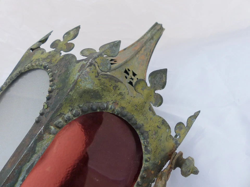 Linterna de iglesia gótica religiosa antiq verde claro latón vidrio candelabro 19th Foto 4 de 4