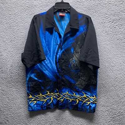 Vintage Streetwear Shirt Mens Medium Black Blue Dragons 90s Camp Y2K Cyber AOP