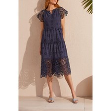 $156 Tribal Femme Women's S Navy Blue Tiered Eyelet Midi Dress Nautical Preppy