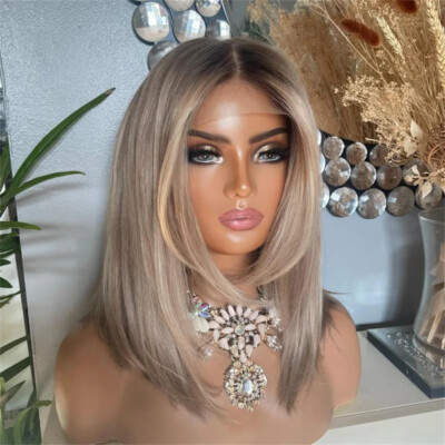 12 Inch Real Human Hair 13x4 Lace Front Wig Brown Root Dark Ash Blonde Highlight
