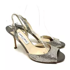 Jimmy Choo Metallic Champagne Glitter Peep Toe Pumps Sling Back Womens 7.5 38.5