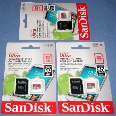 LOT of (3) SanDisk Ultra 32GB microSDHC Class 10 UHS-I Memory Cards with Adapter