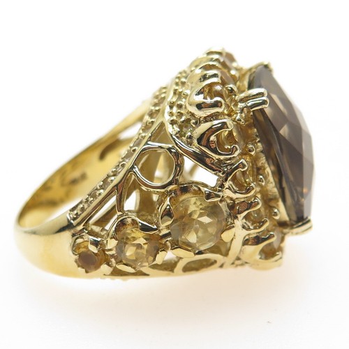925 Sterling Silver Gold Plated Real Smoky Quartz & Citrine Ring Size 7 - Picture 4 of 9