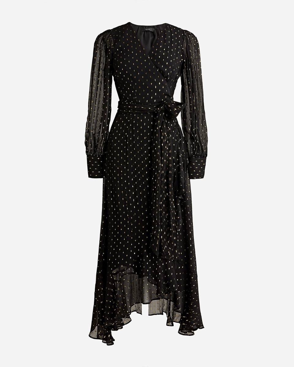 New! J Crew Sz 12 Ruffle-Hem Lurex Chiffon Wrap Dress Black Gold NWT BN122  | eBay