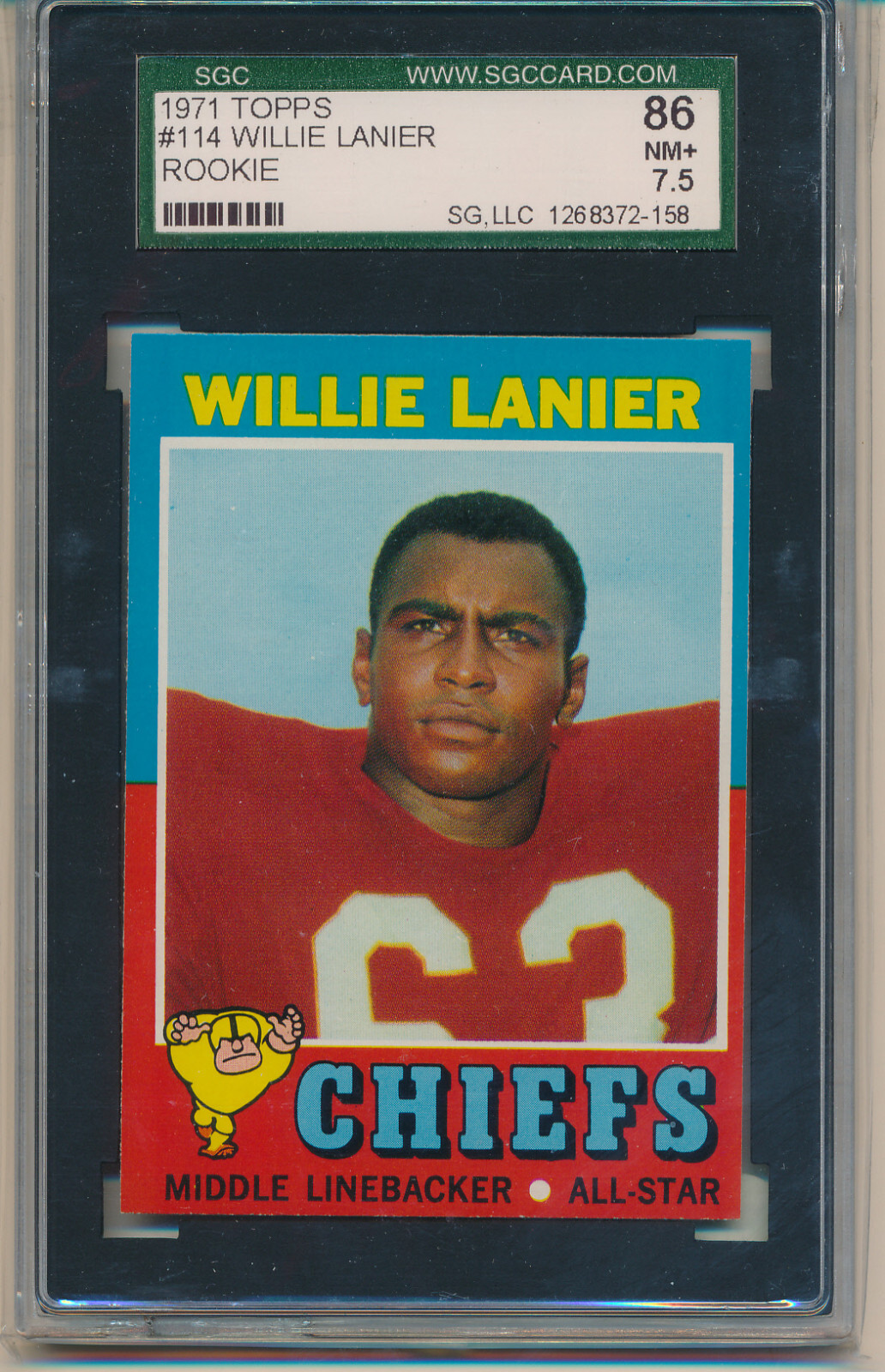 1971 Topps Football Willie Lanier (Rookie Card) (HOF) (#114) SGC7.5 SGC