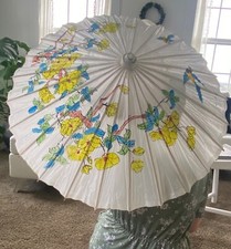 Vintage Large paper Handpainted Floral Birds Umbrella color off white