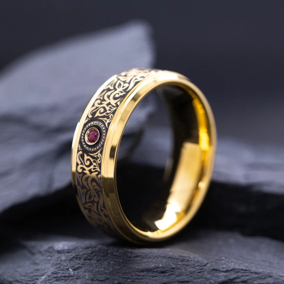 8mm Yellow Gold Plated Tungsten Ring with Red Ruby and Victorian Engravings - Image 2 of 4