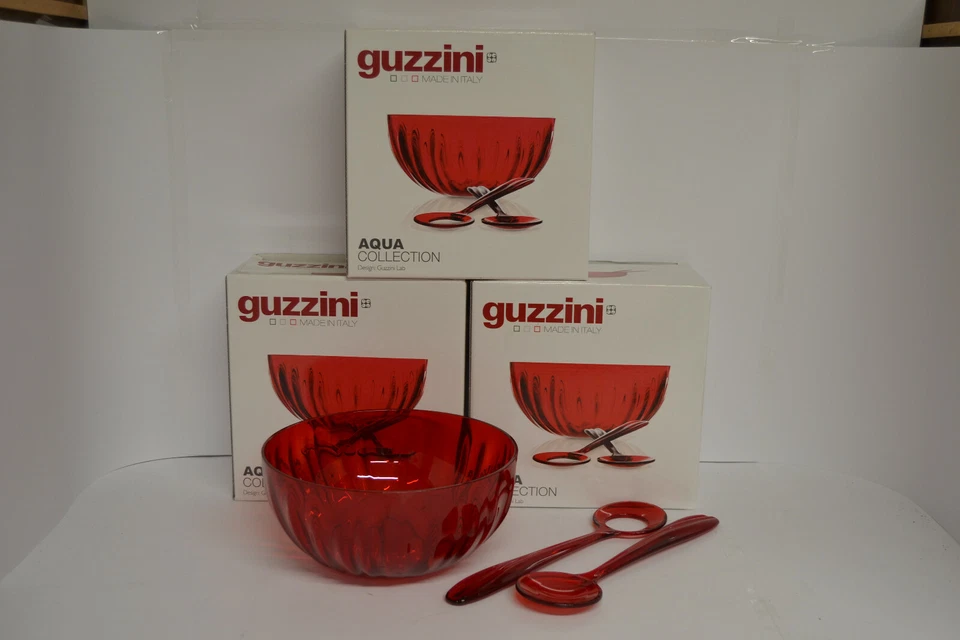 GUZZINI aqua collection 3x saladier rouge 24cm avec couverts en plastique NEUF - Photo 1/1