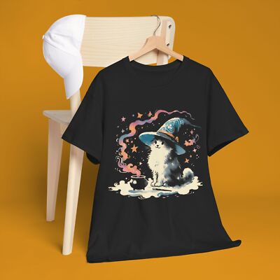 colorful cat wizard t-shirt magic short sleeve unisex black tee