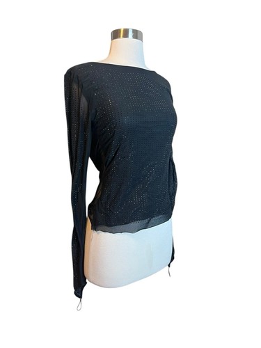 OW Collection Mesha Blouse M Black Rhinestone Mesh Long Sleeve Draped V-Back - Picture 2 of 11