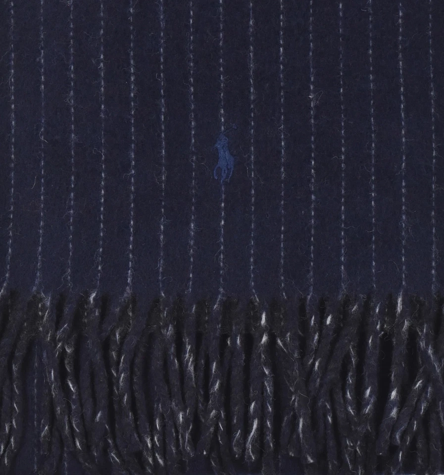 Polo Ralph Lauren Vintage Azul Marino Lana de Cordero Rayas Flecos Bufanda 10" x 62" Nuevo Foto 2 de 3