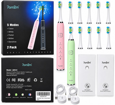 7AM2M AM101 Sonic Electric Toothbrush 2 Pack + 10 Brush Heads Chargers NEW
