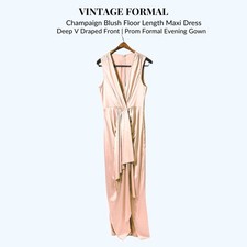 Blush Satin Maxi Dress Deep V Draped Front Prom Formal Evening Gown