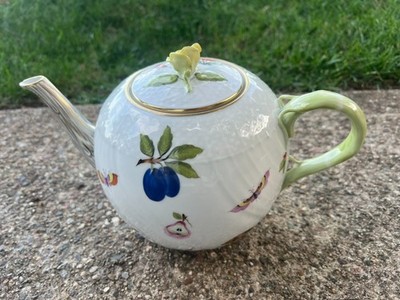 Herend Fruits & Flowers Porcelain Teapot Rose Finial Hand Painted Hungary AS IS