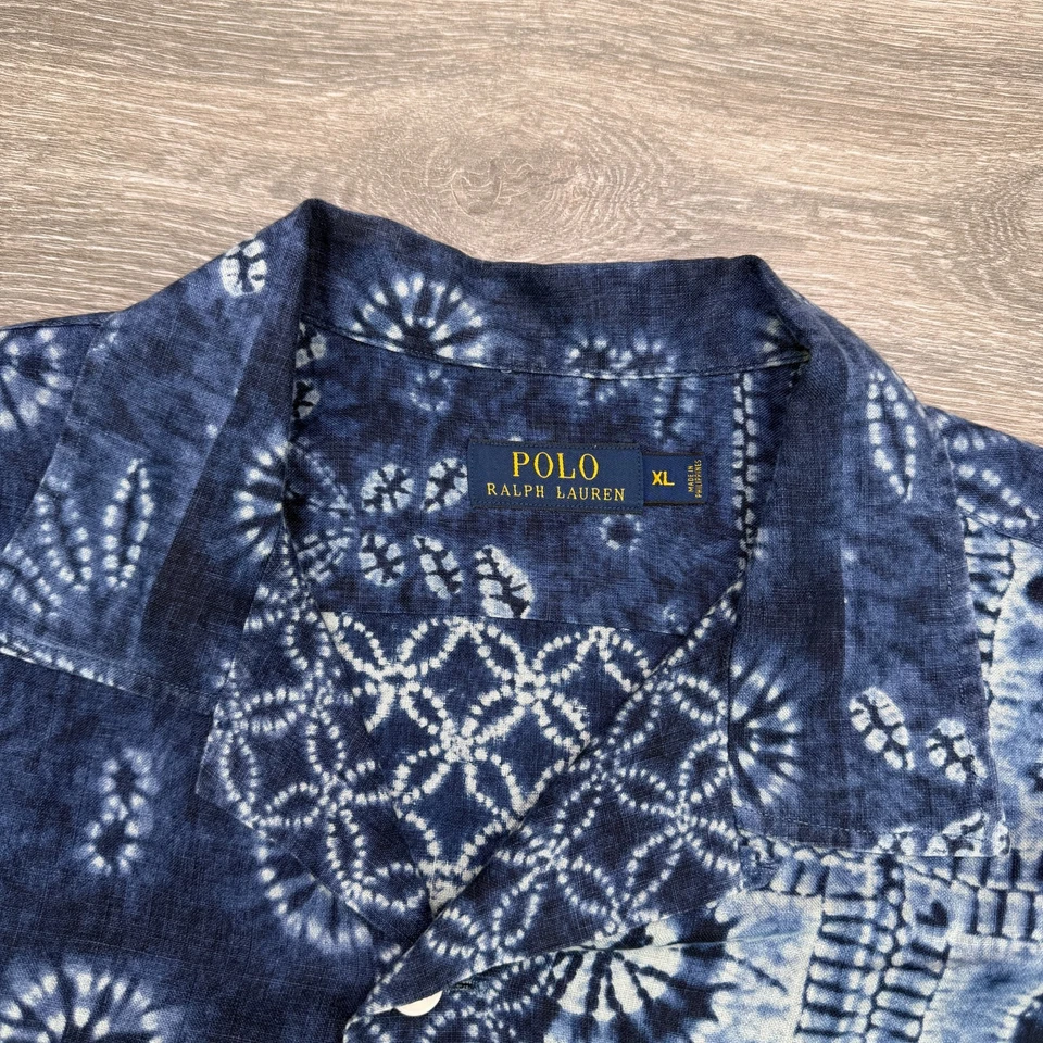 Polo Ralph Lauren Shibori Patchwork Linen Shirt Mens XL Indigo Blue Tie Dye - Image 3 of 4