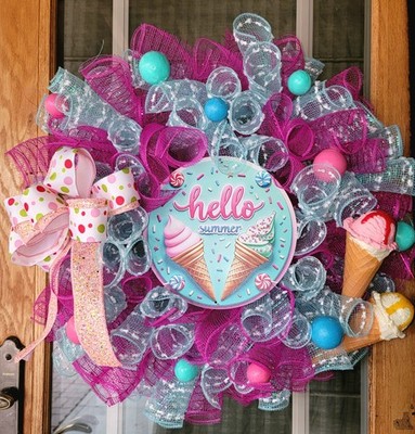 Hello Summer Deco Mesh Wreath Bright ICE CREAM FOAM BALLS HANDMADE 24 IN.