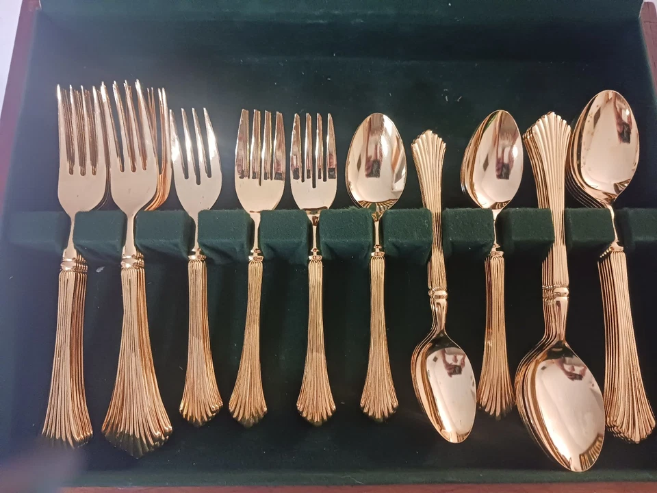 Cubiertos de acero inoxidable enchapados en oro con patrón KANU Japón para servir 12 piezas EP SS Box Inc Foto 2 de 4